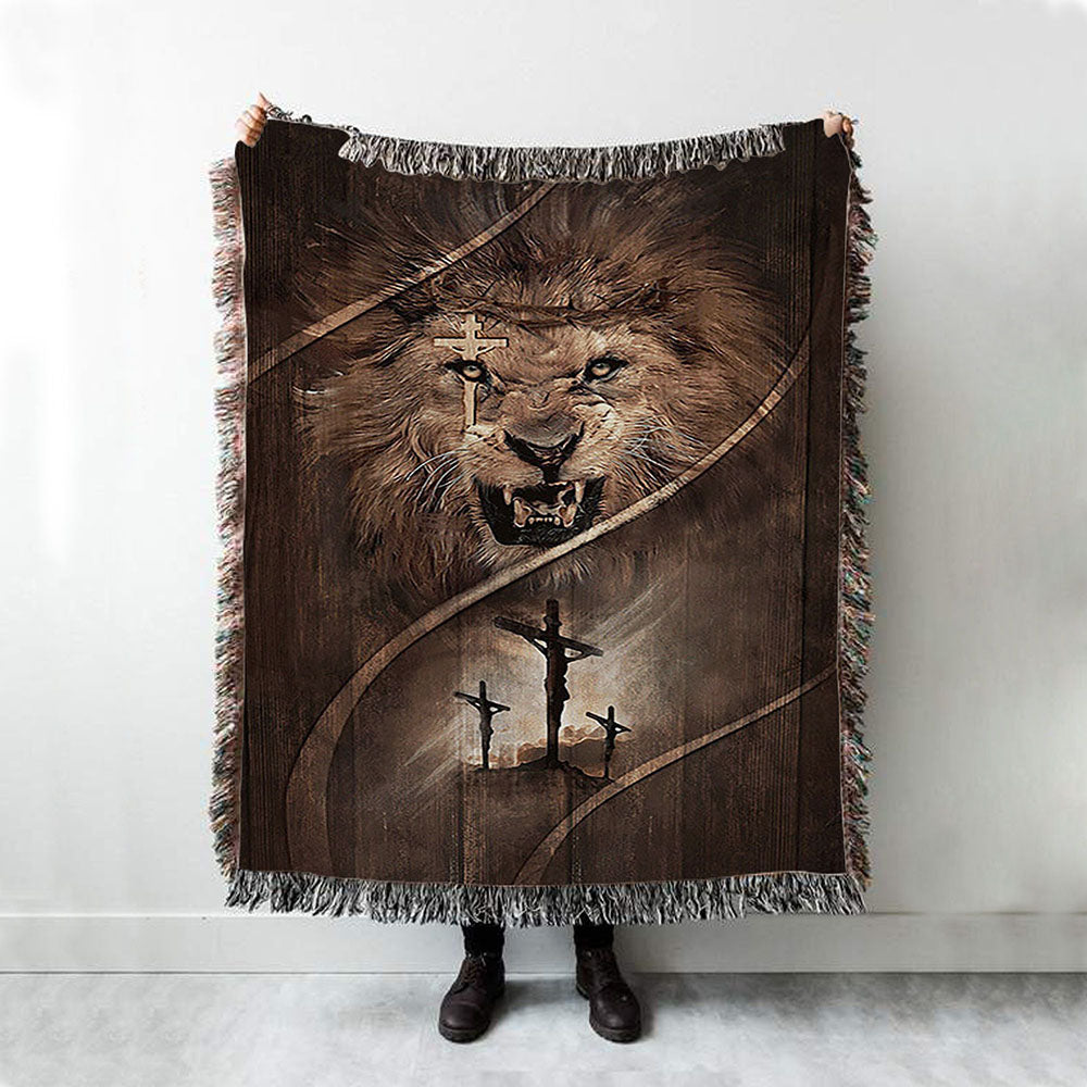 Cross Lion Of Judah Woven Throw Blanket - Christian Woven Blanket Prints - Bible Verse Woven Blanket Art