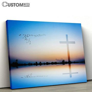 Cross Mountain Lake View Sunset Canvas Pictures - Faith Art - Christian Canvas Wall Art Decor