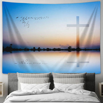 Cross Mountain Lake View Sunset Tapestry Pictures - Faith Art - Christian Tapestry Wall Art Decor