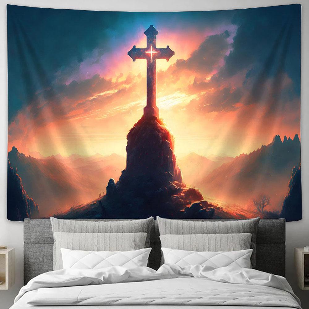 Cross On Calvary Hill Golgotha Mountain Tapestry Pictures - Faith Art - Christian Tapestry Wall Art Decor