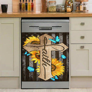 Cross With Sunflower Faith Dishwasher Cover, Bible Verse Dishwasher Magnet Cover, Christian Inspirational Kitchen Decor