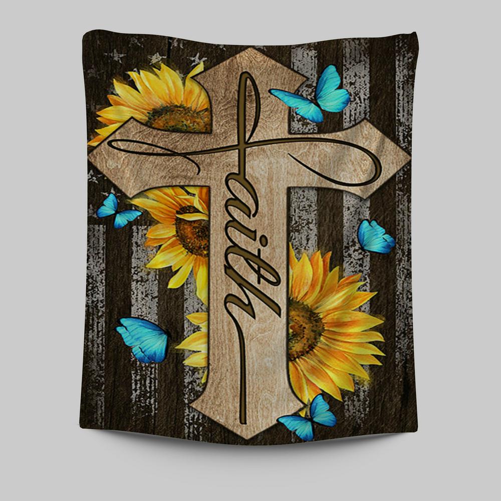 Cross With Sunflower Faith Tapestry Art - Bible Verse Wall Art - Christian Inspirational Wall Decor