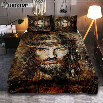 Crown Of Thorns Jesus Face Quilt Bedding Set Art - Bible Verse Bedroom