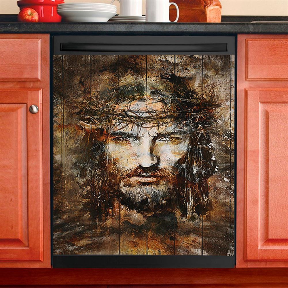 Crown Of Thorns Jesus Face Dishwasher Cover, Bible Verse Dishwasher Magnet Cover, Christian Inspirational Kitchen Decor