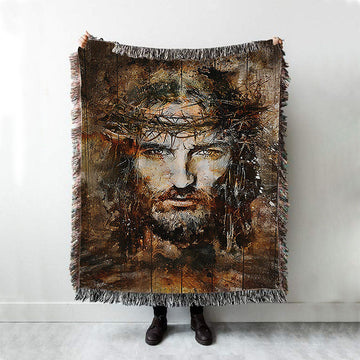 Crown Of Thorns Jesus Face Woven Blanket Art - Bible Verse Throw Blanket - Christian Inspirational Boho Blanket