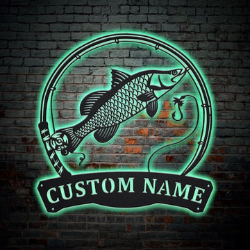 Custom Barramundi Fish Pole Monogram Metal Sign, Led Lights Barramundi Fish Metal Sign, Anniversary Gift, Home Decor Sign, Outdoor Sign