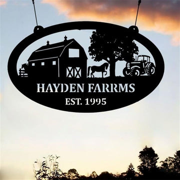 Custom Metal Farm Sign, Horse Farm Tractor Scene With Established Date Oval Metal Sign, Gift Ideas For Farm Woman, Outdoor Metal Sign Frames