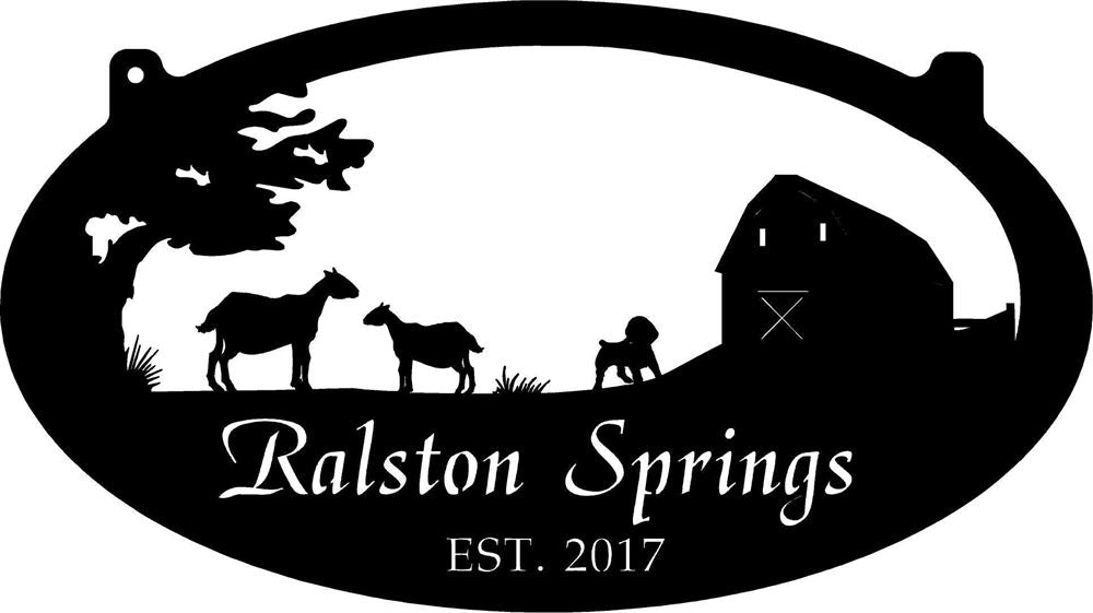 Custom Metal Farm Sign, With Barn And Goatdog Scene With Your Name Metal Wall Art, Gift Ideas For Farm Woman, Outdoor Metal Sign Frames