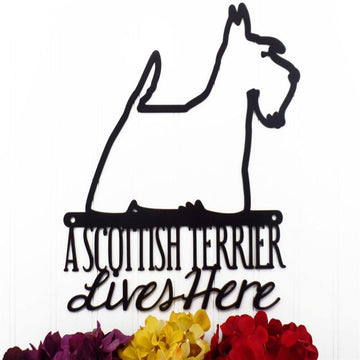 Custom Metal Sign, Scottish Terrier Lives Here Metal Sign, Anniversary Gift, Dog House Sign, Dog Wall Art, Outdoor Sign, Home Decor Sign