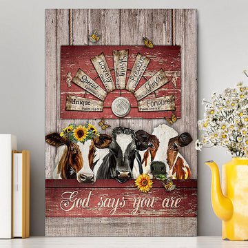 Dairy Cow Sunflower Wreath Windmill Canvas- God Says You Are Canvas Wall Art - Christian Canvas Prints