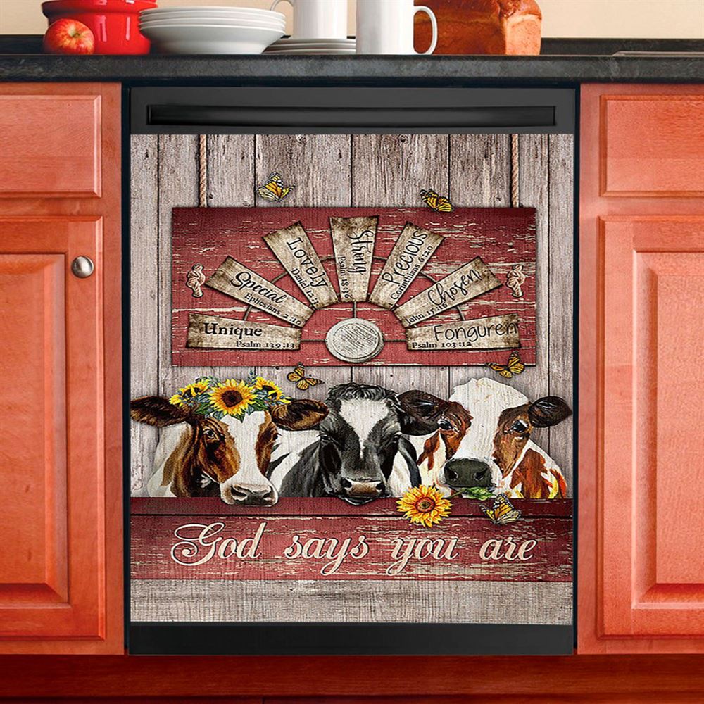 Dairy Cow Sunflower Wreath Windmill Dishwasher Cover, God Says You Are Dishwasher Magnet Cover, Christian Kitchen Decor
