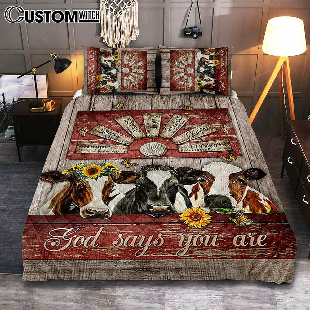 Dairy Cow Sunflower Wreath Windmill Quilt Bedding Set- God Says You Are Quilt Bedding Set Bedroom - Christian Quilt Bedding Set Prints
