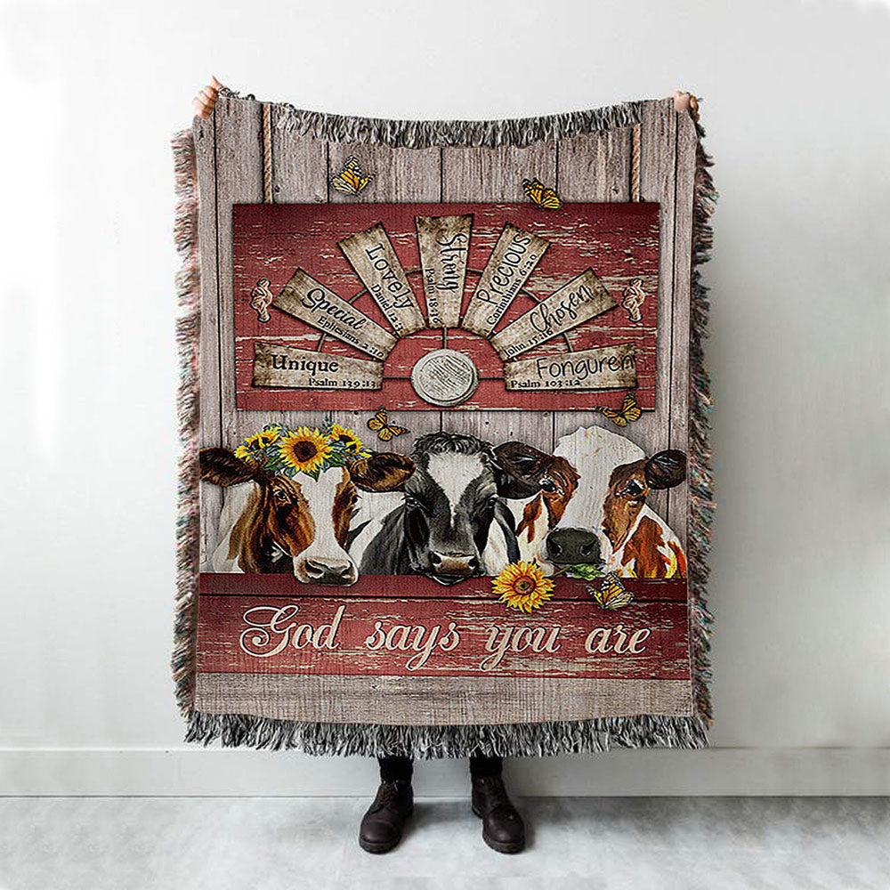 Dairy Cow Sunflower Wreath Windmill Woven Blanket- God Says You Are Woven Throw Blanket - Christian Woven Blanket Prints