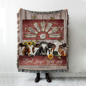 Dairy Cow Sunflower Wreath Windmill Woven Blanket- God Says You Are Woven Throw Blanket - Christian Woven Blanket Prints