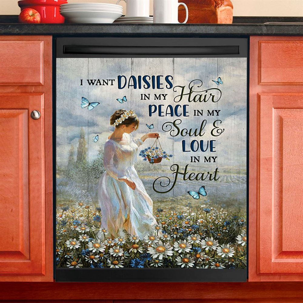 Daisy Field Blue Butterfly Dishwasher Cover, I Want Daisies In My Hair Dishwasher Magnet Cover, Christian Kitchen Decor
