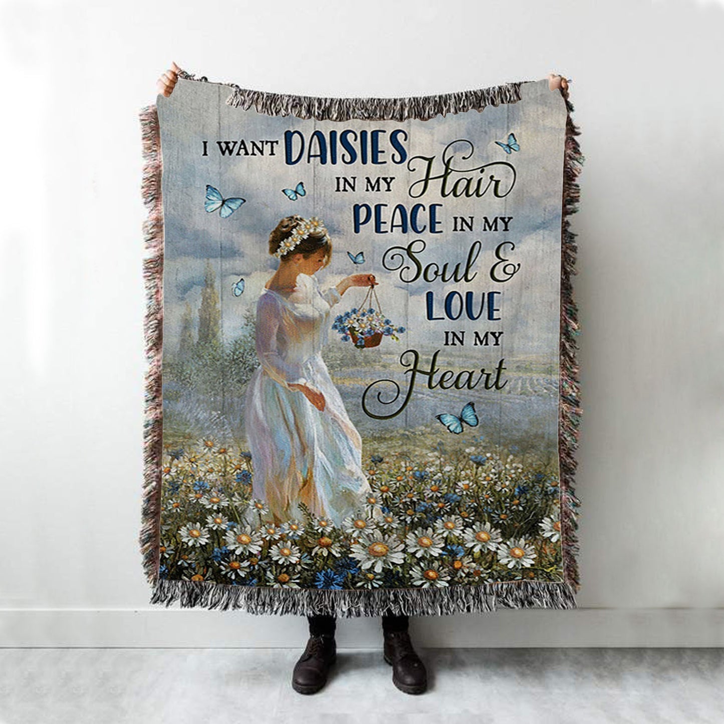 Daisy Field Blue Butterfly Woven Blanket- I Want Daisies In My Hair Woven Throw Blanket - Christian Woven Blanket Prints - Bible Verse Woven Blanket Art