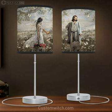 Daisy Field Pretty Girl Rose Vase Walking With Jesus White Butterfly Table Lamp Gift - Bible Verse Table Lamp - Religious Bedroom Decor