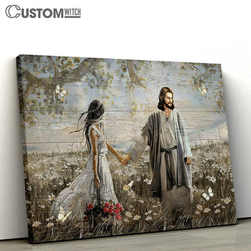 Daisy Field Pretty Girl Rose Vase Walking With Jesus White Butterfly Canvas Wall Art - Bible Verse Canvas - Religious Prints