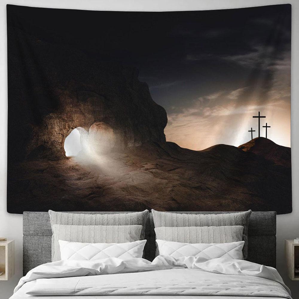 Death Resurrection Jesus Christ Tomb Cross Tapestry Pictures - Faith Art - Christian Tapestry Wall Art Decor