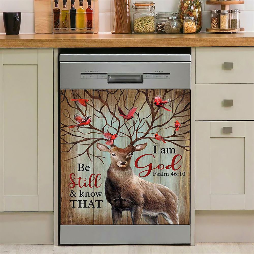 Deer Cardinal Be Still And Know That I Am God Dishwasher Cover, Bible Verse Dishwasher Magnet Cover, Christian Inspirational Kitchen Decor