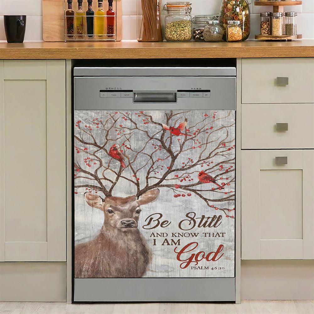 Deer Cardinal Be Still And Know That I Am God Dishwasher Cover, Christian Dishwasher Magnet Cover, Religious Kitchen Decor
