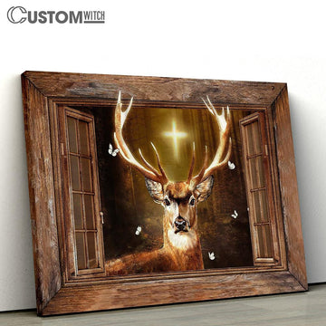 Deer Cross Light Window Frame In The Forest White Butterfly Canvas Wall Art - Bible Verse Canvas - Religious Prints