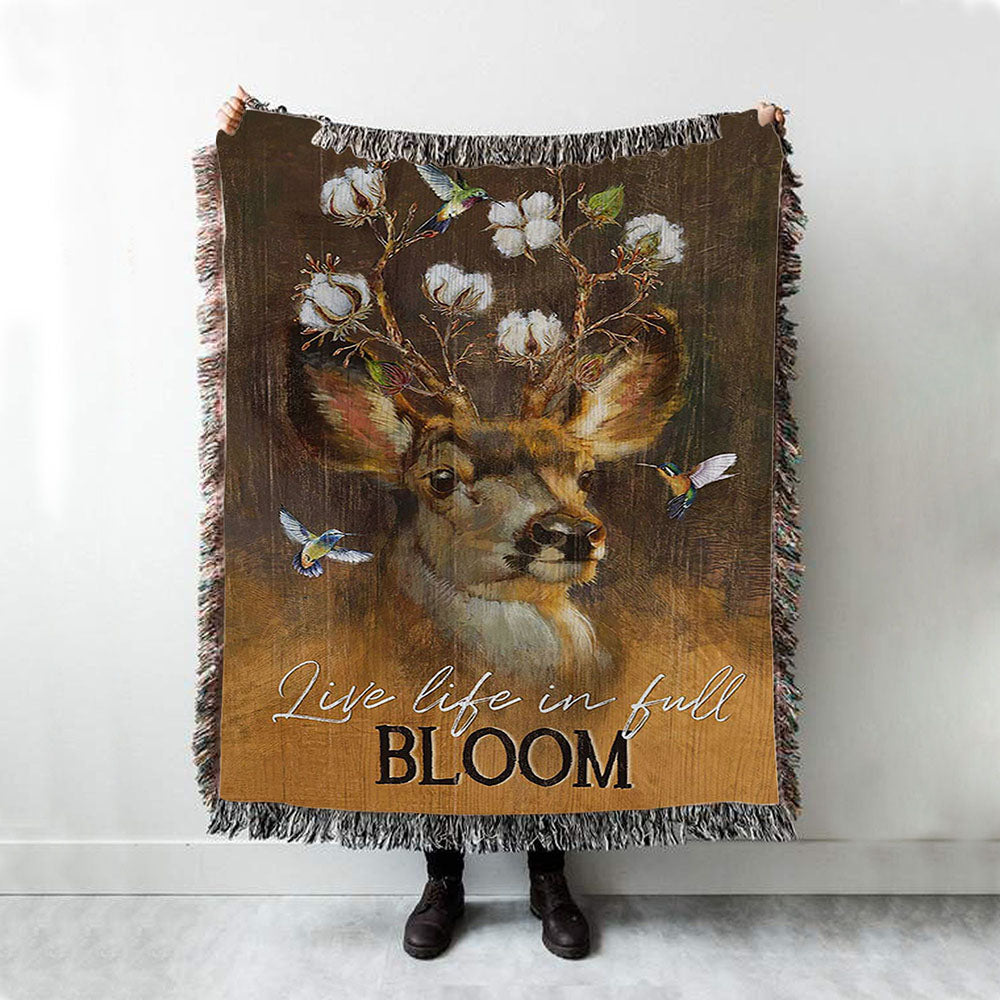 Deer Flower Crown Hummingbird Live Life In Full Bloom Woven Blanket Art - Christian Art - Bible Verse Throw Blanket - Religious Home Decor