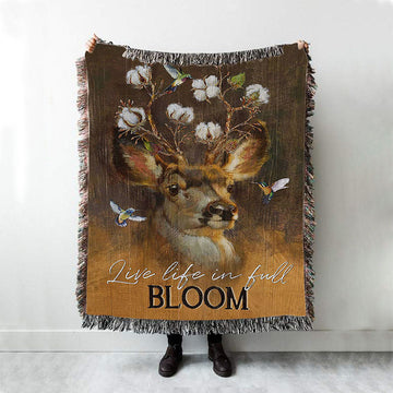 Deer Flower Crown Hummingbird Live Life In Full Bloom Woven Blanket Art - Christian Art - Bible Verse Throw Blanket - Religious Home Decor
