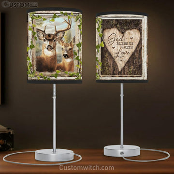 Deer Heart Shape Wood Carving God Bless Us With Love Table Lamp