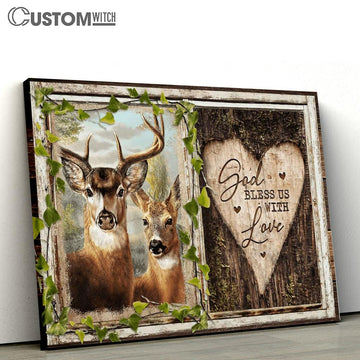 Deer Heart Shape Wood Carving God Bless Us With Love Canvas Poster