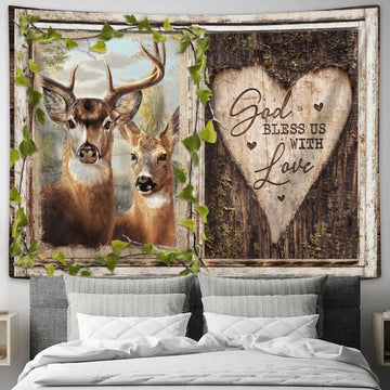 Deer Heart Shape Wood Carving God Bless Us With Love Tapestry, Tapestries for Living Room Bedroom