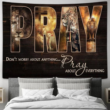 Don&#39;t Worry About Anything Pray About Everything Tapestry - Lion Jesus Warrior Sheep Large Tapestry Art - Christian Wall Art - Religious Tapestry Prints