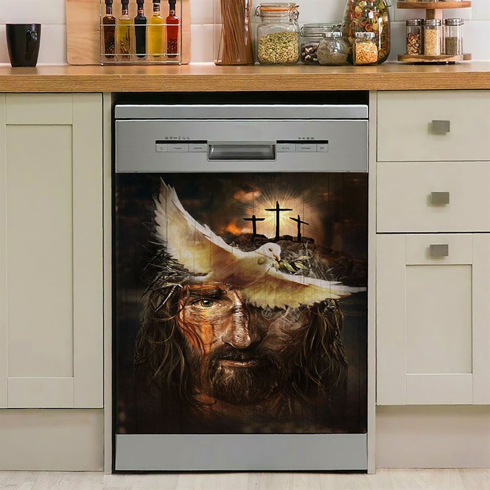 Dove With Olive Branch Three Wooden Crosses Jesus Dishwasher Cover, Christian Dishwasher Magnet Cover, Bible Verse Kitchen Decor