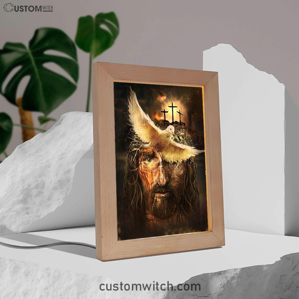 Dove With Olive Branch Three Wooden Crosses Jesus Frame Lamp Art - Christian Night Light - Bible Verse Wooden Lamp