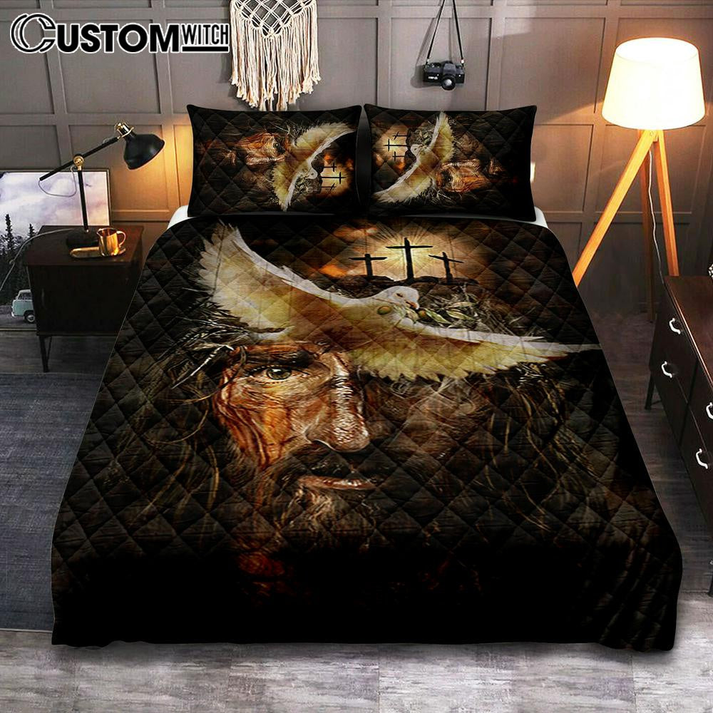 Dove With Olive Branch Three Wooden Crosses Jesus Quilt Bedding Set Bedroom - Christian Quilt Bedding Set Prints - Bible Verse Quilt Bedding Set Art