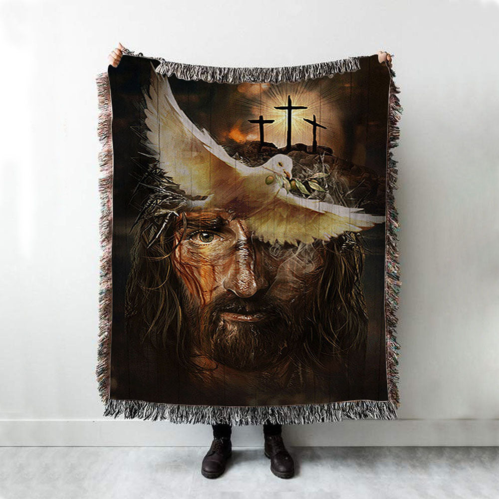 Dove With Olive Branch Three Wooden Crosses Jesus Woven Throw Blanket - Christian Woven Blanket Prints - Bible Verse Woven Blanket Art