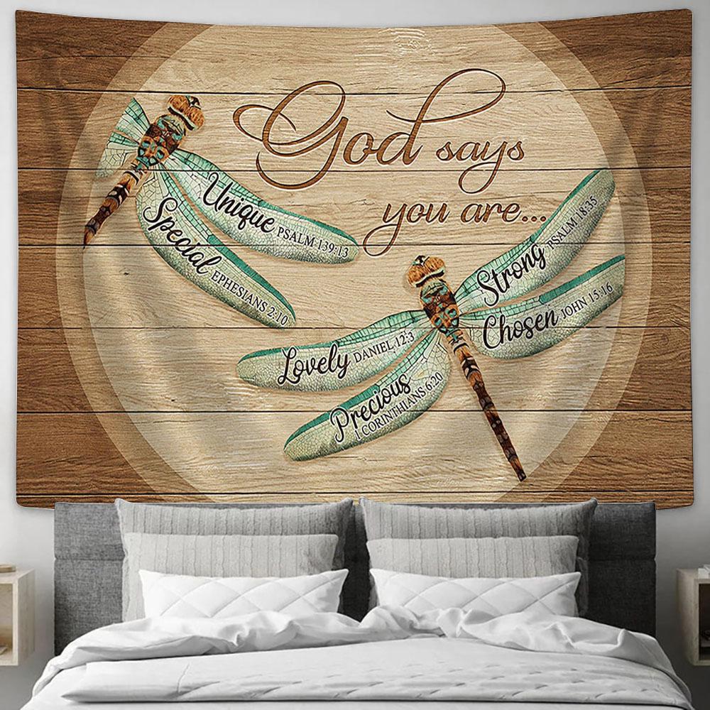 Dragonfly God says you are Tapestry Wall Art - Bible Verse Tapestry - Religious Tapestry Wall Hanging