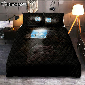 Easter Morning Golgotha Hill Cross Resurrection Quilt Bedding Set Prints - Religious Quilt Bedding Set Art - Christian Cover Twin Bedding Decor