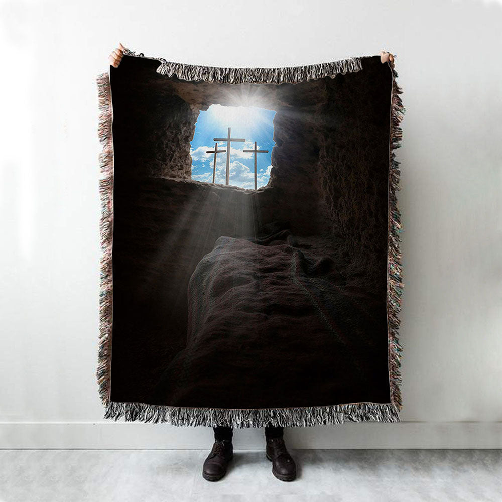 Easter Morning Golgotha Hill Cross Resurrection Woven Blanket Prints - Religious Woven Blanket Art - Christian Boho Blanket