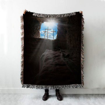 Easter Morning Golgotha Hill Cross Resurrection Woven Blanket Prints - Religious Woven Blanket Art - Christian Boho Blanket