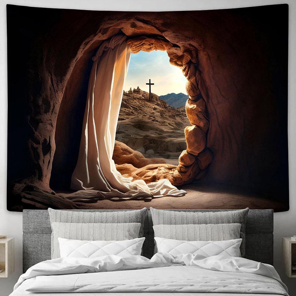 Empty Tomb Cross Sunrise With White Mantle Tapestry Pictures - Faith Art - Christian Tapestry Wall Art Decor