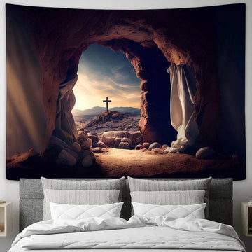 Empty Tomb Cross With White Mantle Tapestry Pictures - Faith Art - Christian Tapestry Wall Art Decor