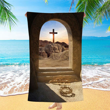 Empty Tomb Crown Of Thorns Rugged Cross Beach Towel - Christian Beach Towel - Beach Towel