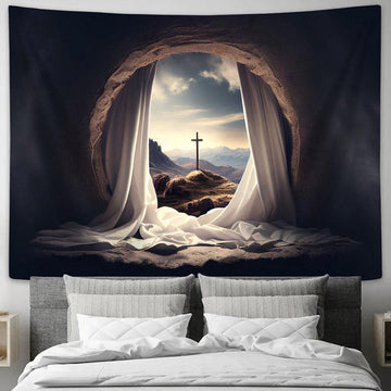 Empty Tomb Crucifixion Sunrise With White Robe Tapestry Pictures - Faith Art - Christian Tapestry Wall Art Decor
