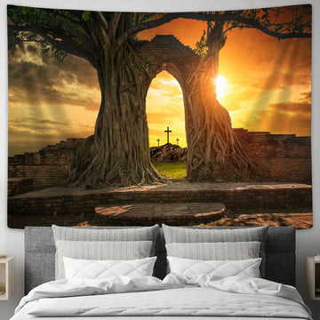 Empty Tomb With Three Crosse Tapestry Pictures - Faith Art - Christian Tapestry Wall Art Decor