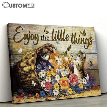 Enjoy The Little Things Flower Cat Cross Large Canvas Art - Christian Wall Art Home Decor - Religious Canvas Prints