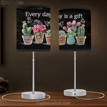 Every Day Is A Gift Flower Rustic Cactus Tulip Flower Butterfly Large Table Lamp - Christian Lamp Gift - Bible Verse Table Lamp Art