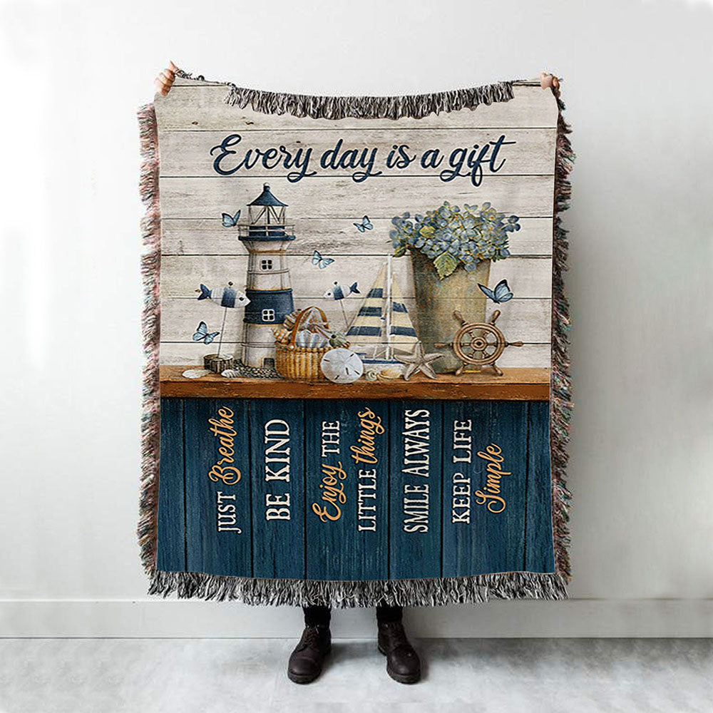 Every Day Is A Gift Lighthouse Butterfly Woven Throw Blanket - Christian Woven Blanket Prints - Bible Verse Woven Blanket Art