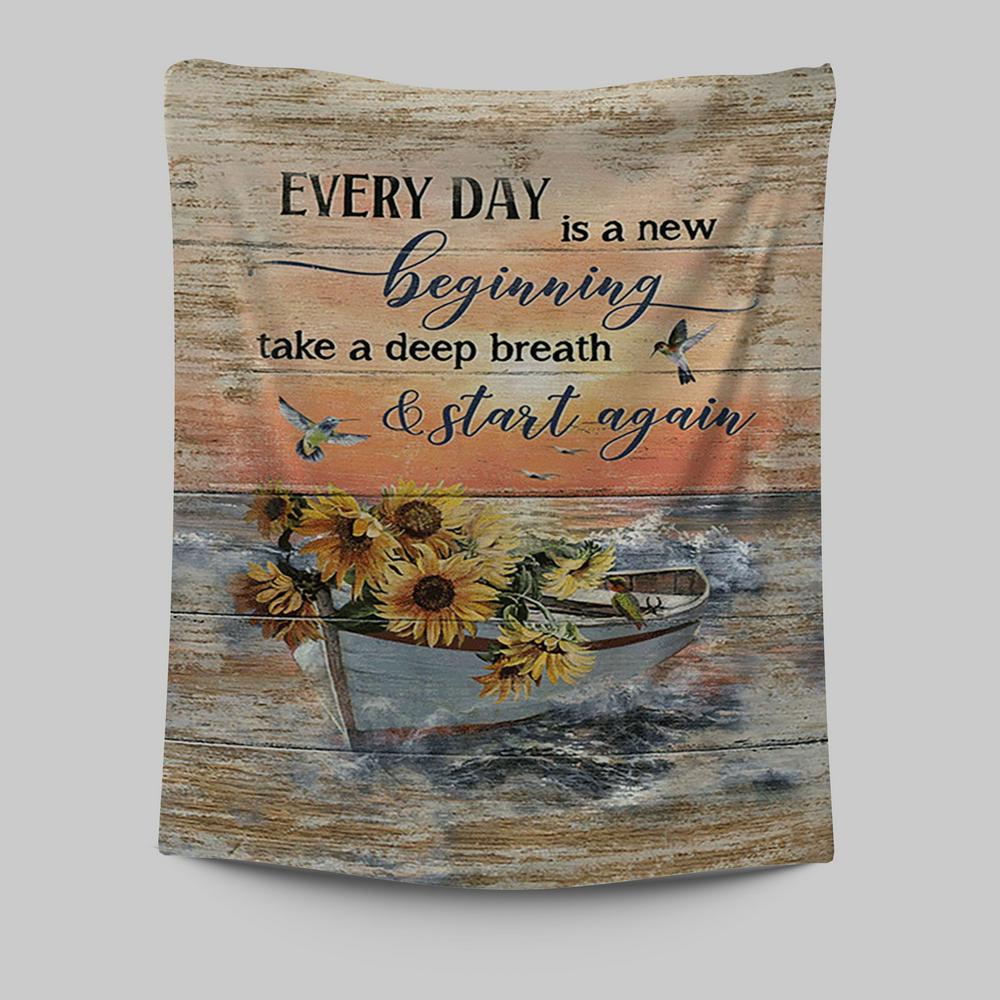 Every Day Is A New Beginning Boat Drawing Sunflower Vase Tapestry - Christian Wall Art - Religious Home Decor