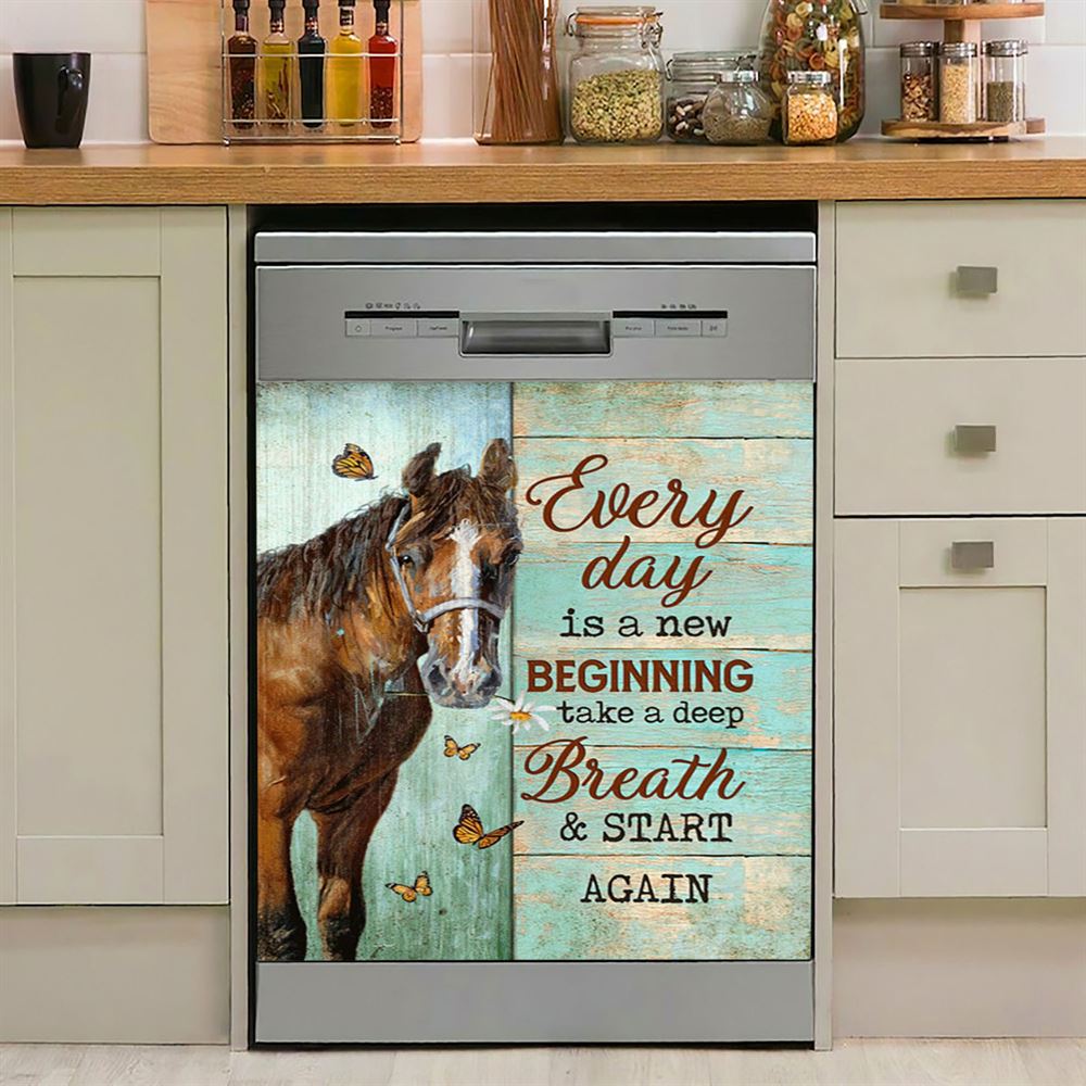 Every Day Is A New Beginning Brown Horse Monarch Butterfly Dishwasher Cover, Christian Dishwasher Magnet Cover